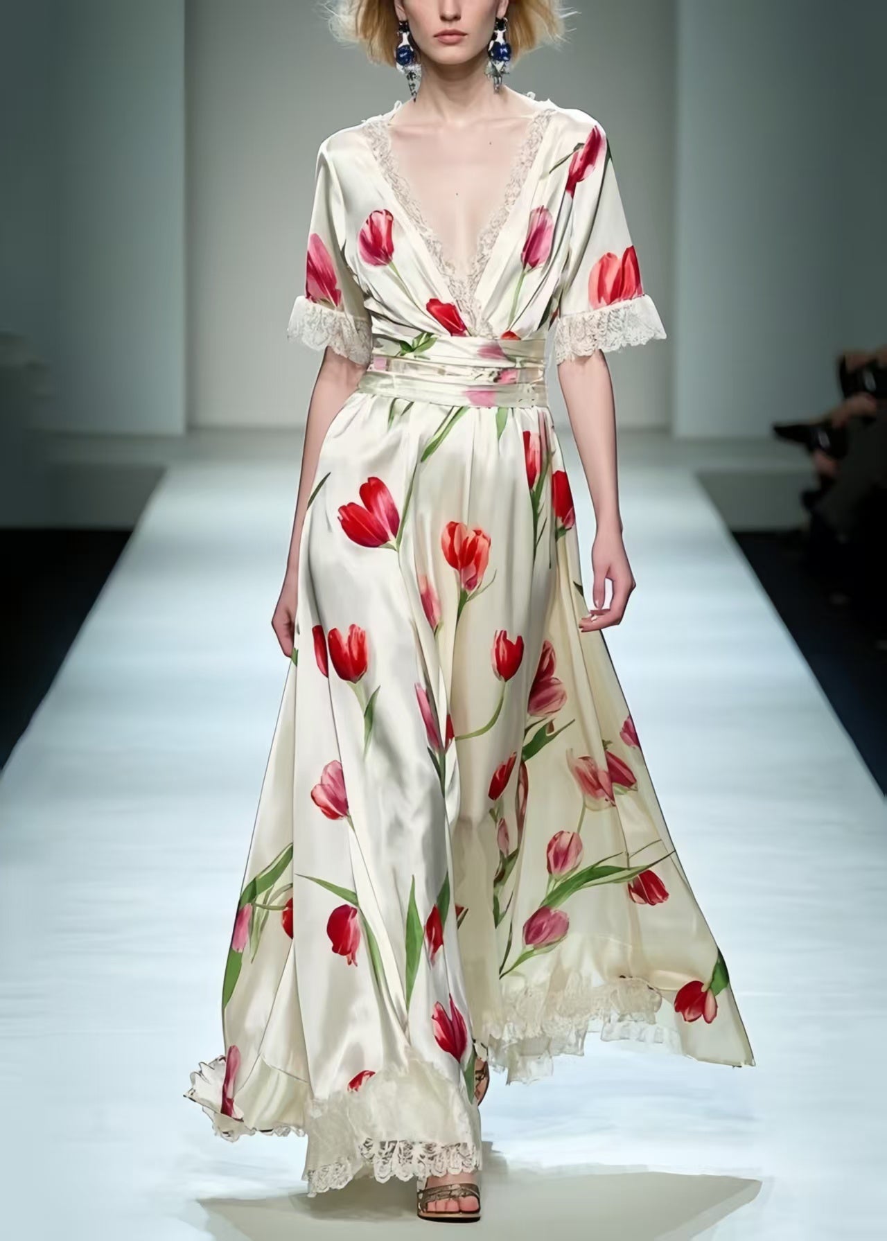 Elegant White Floral Print Patchwork Lace Long Dress Summer