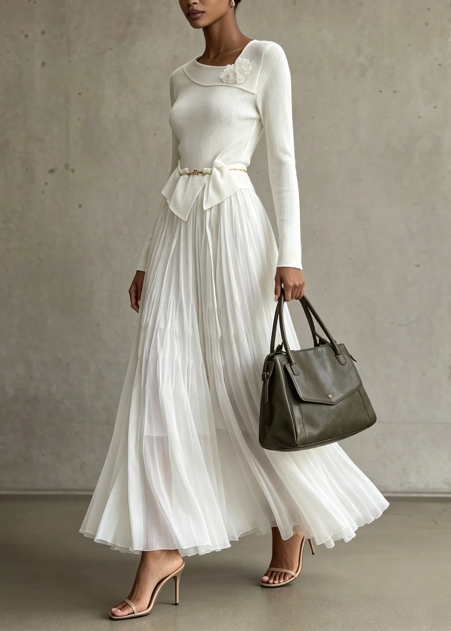 Elegant White Floral Wrinkled Patchwork Knit Long Dress Fall