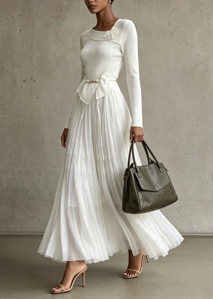 Elegant White Floral Wrinkled Patchwork Knit Long Dress Fall