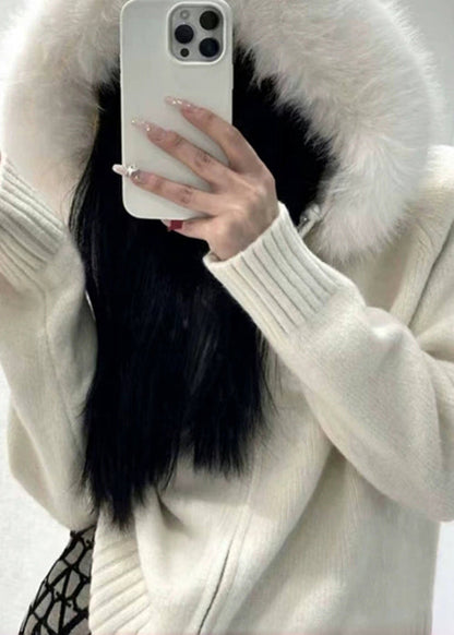 Elegant White Fur Collar Zippered Solid Knit Coats Winter