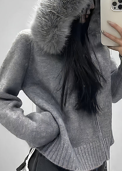 Elegant White Fur Collar Zippered Solid Knit Coats Winter