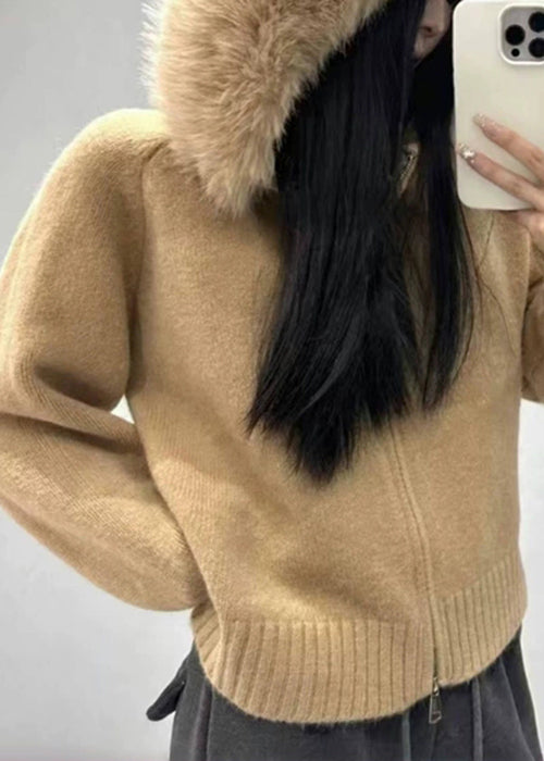 Elegant White Fur Collar Zippered Solid Knit Coats Winter