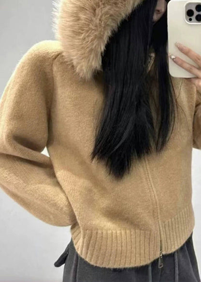 Elegant White Fur Collar Zippered Solid Knit Coats Winter