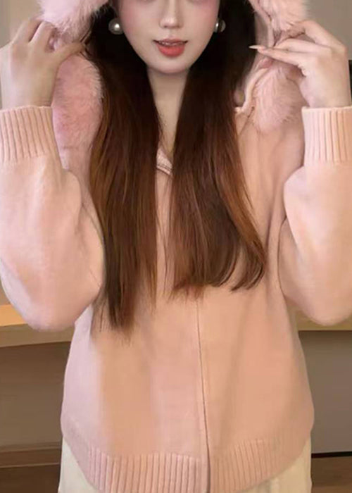 Elegant White Fur Collar Zippered Solid Knit Coats Winter