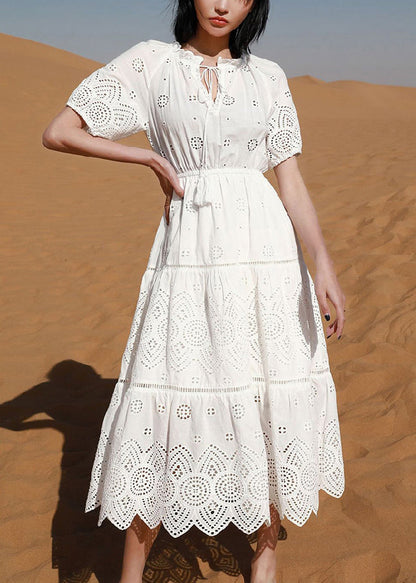Elegant White Hollow Out Lace Up Cotton Long Dress Summer