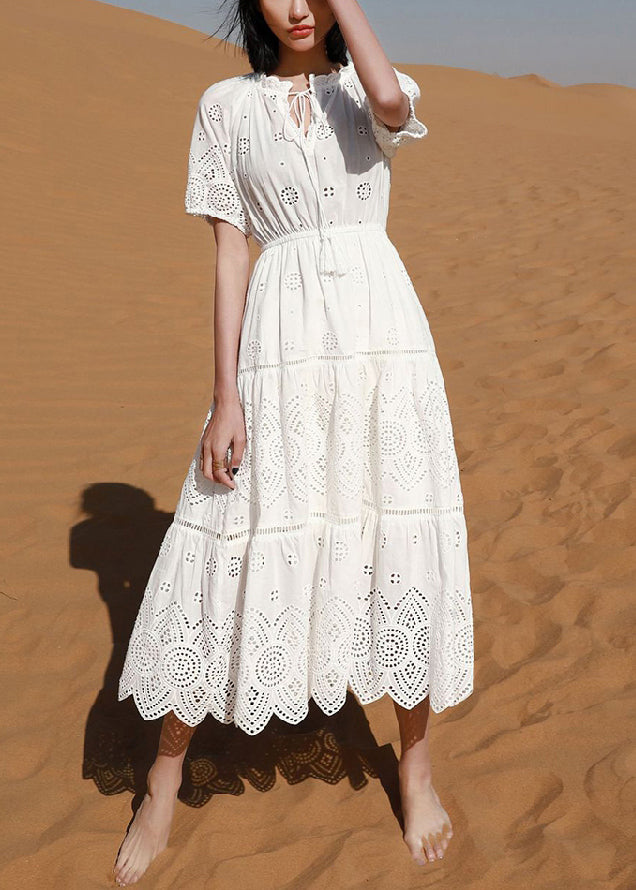 Elegant White Hollow Out Lace Up Cotton Long Dress Summer