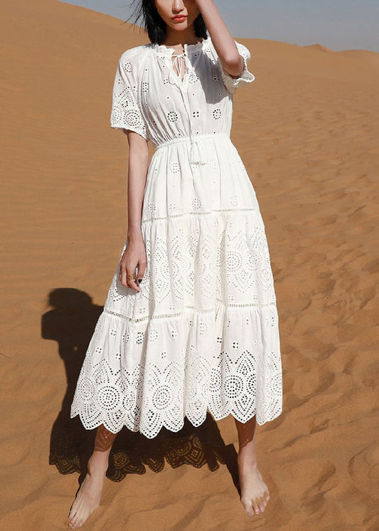 Elegant White Hollow Out Lace Up Cotton Long Dress Summer
