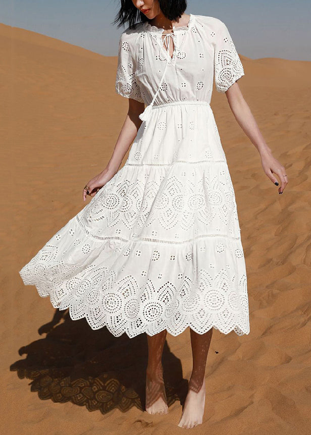 Elegant White Hollow Out Lace Up Cotton Long Dress Summer
