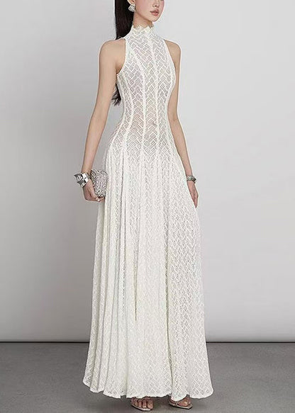 Elegant White Hollow Out Solid Lace Maxi Dress Sleeveless