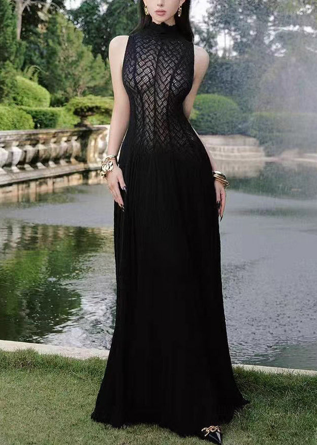 Elegant White Hollow Out Solid Lace Maxi Dress Sleeveless