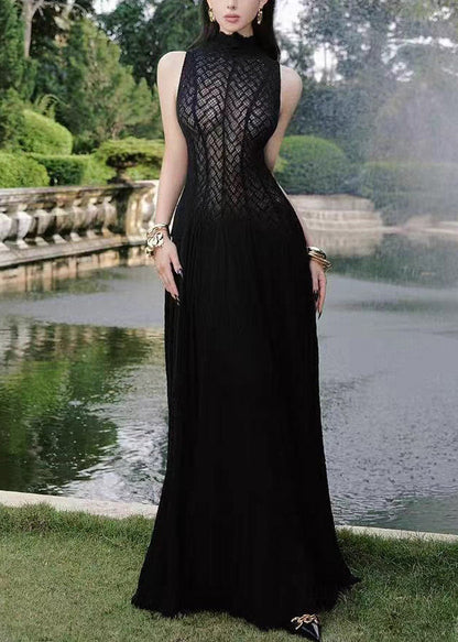 Elegant White Hollow Out Solid Lace Maxi Dress Sleeveless