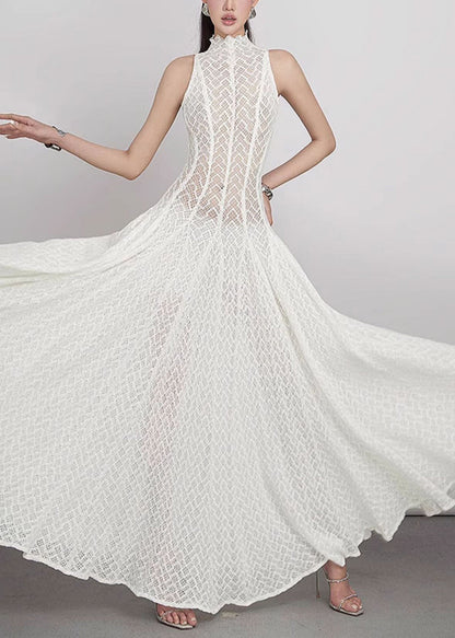 Elegant White Hollow Out Solid Lace Maxi Dress Sleeveless