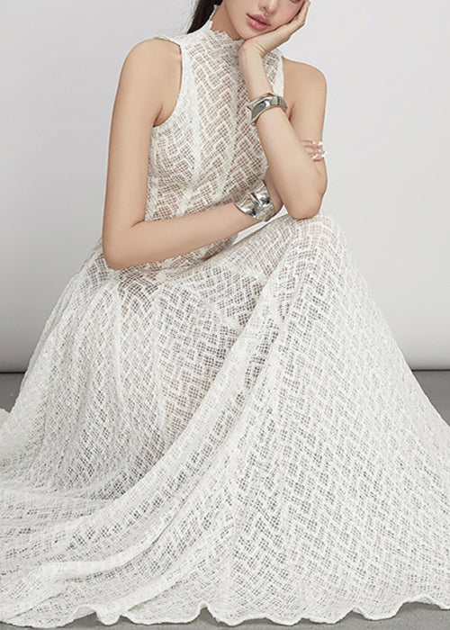 Elegant White Hollow Out Solid Lace Maxi Dress Sleeveless