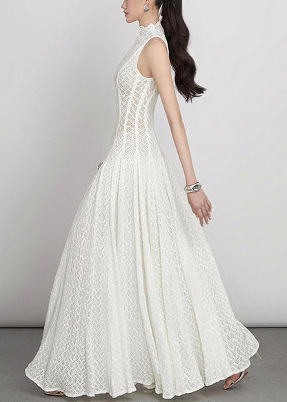 Elegant White Hollow Out Solid Lace Maxi Dress Sleeveless