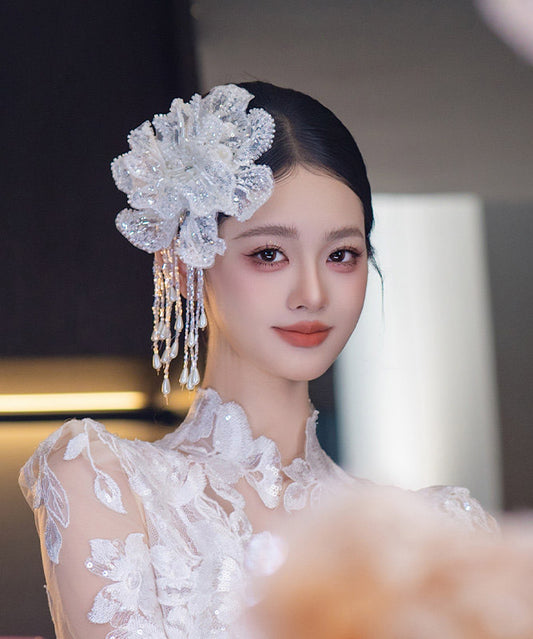Elegant White Lace Double-Layer Floral Sequins Tassel Single Hairpin