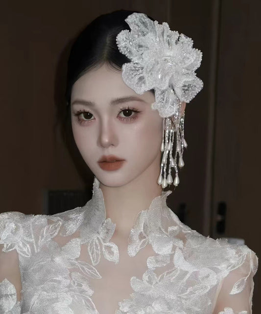 Elegant White Lace Double-Layer Floral Sequins Tassel Single Hairpin