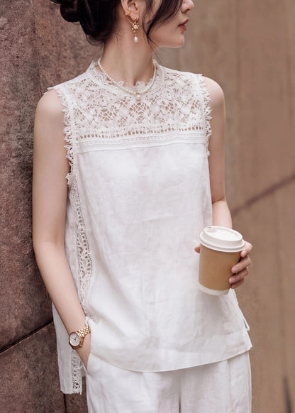 Elegant White Lace Patchwork Low High Design Vest Sleeveless
