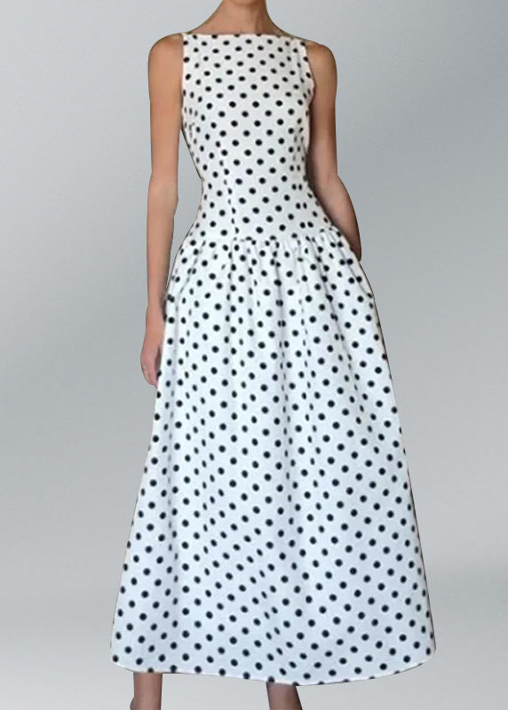Elegant White O Neck Dot Print Cotton Long Dresses Sleeveless