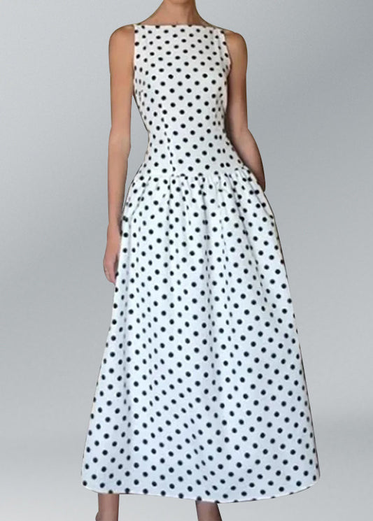 Elegant White O Neck Dot Print Cotton Long Dresses Sleeveless