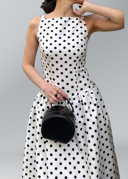 Elegant White O Neck Dot Print Cotton Long Dresses Sleeveless