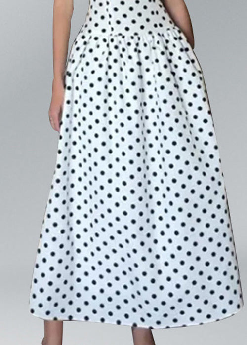 Elegant White O Neck Dot Print Cotton Long Dresses Sleeveless