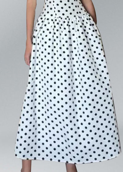 Elegant White O Neck Dot Print Cotton Long Dresses Sleeveless