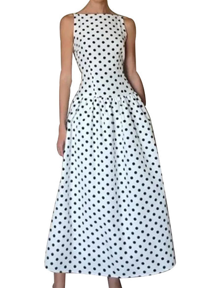 Elegant White O Neck Dot Print Cotton Long Dresses Sleeveless
