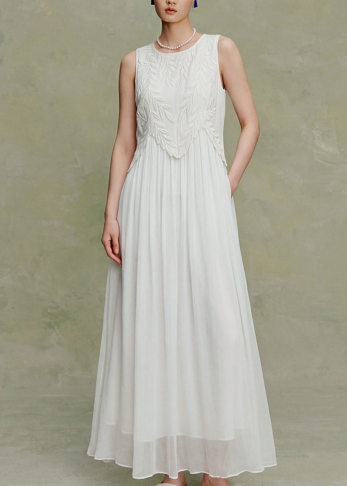Elegant White O Neck Embroidered Silk Maxi Dress Sleeveless