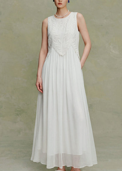 Elegant White O Neck Embroidered Silk Maxi Dress Sleeveless