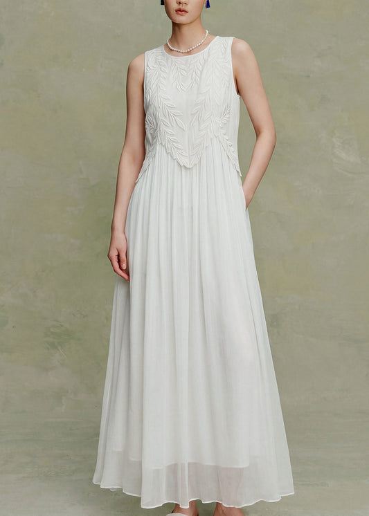 Elegant White O Neck Embroidered Silk Maxi Dress Sleeveless