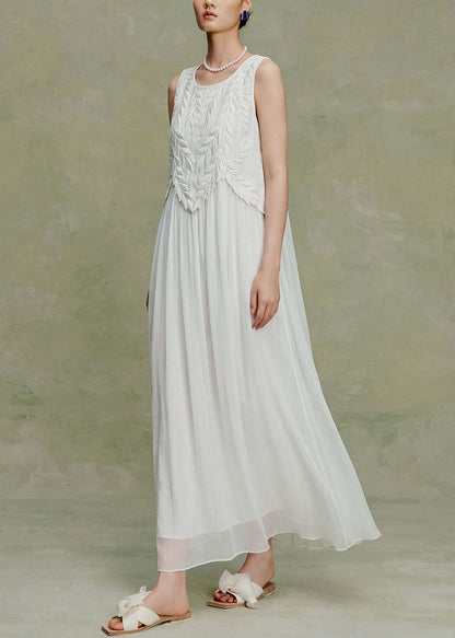 Elegant White O Neck Embroidered Silk Maxi Dress Sleeveless