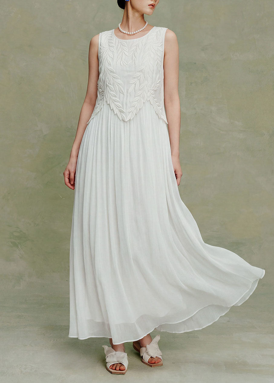 Elegant White O Neck Embroidered Silk Maxi Dress Sleeveless