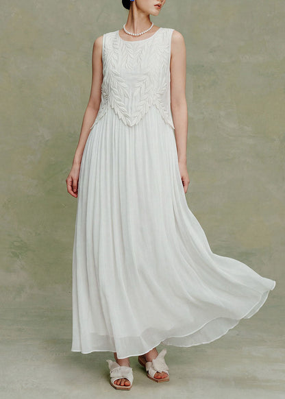 Elegant White O Neck Embroidered Silk Maxi Dress Sleeveless