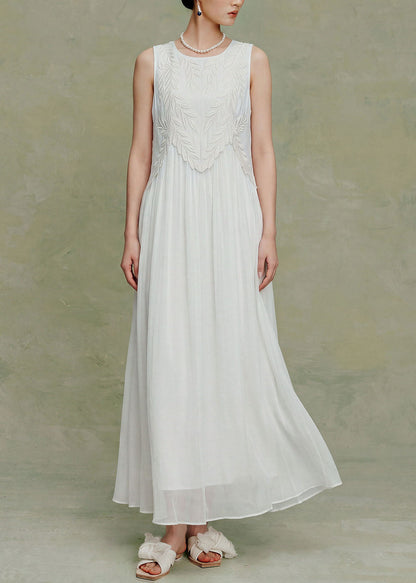 Elegant White O Neck Embroidered Silk Maxi Dress Sleeveless