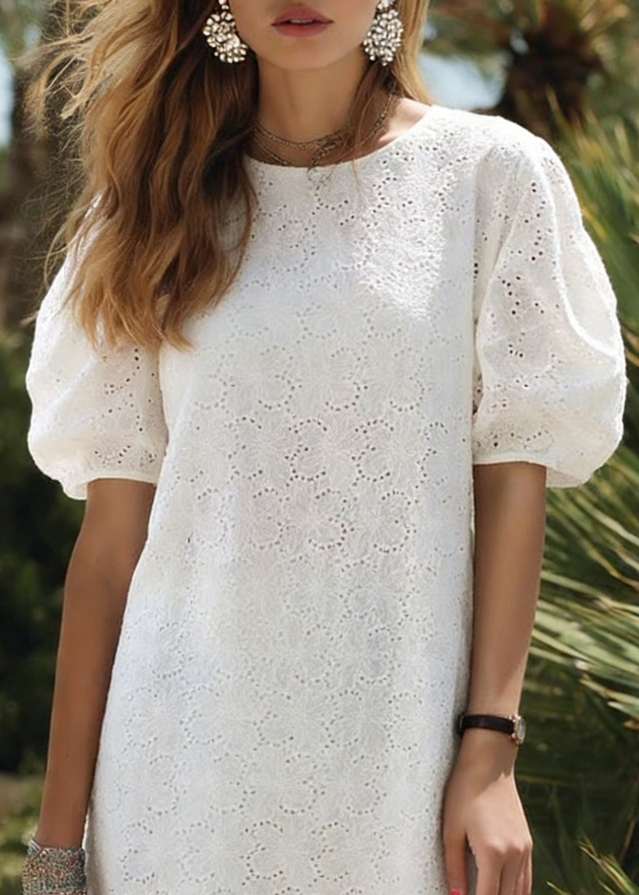 Elegant White O Neck Hollow Out Cotton Dress Puff Sleeve