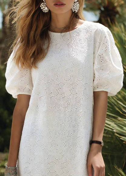 Elegant White O Neck Hollow Out Cotton Dress Puff Sleeve