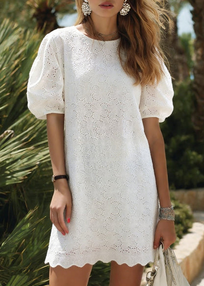 Elegant White O Neck Hollow Out Cotton Dress Puff Sleeve
