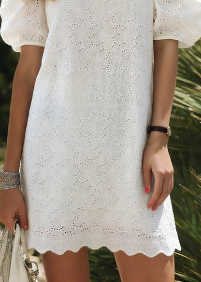 Elegant White O Neck Hollow Out Cotton Dress Puff Sleeve