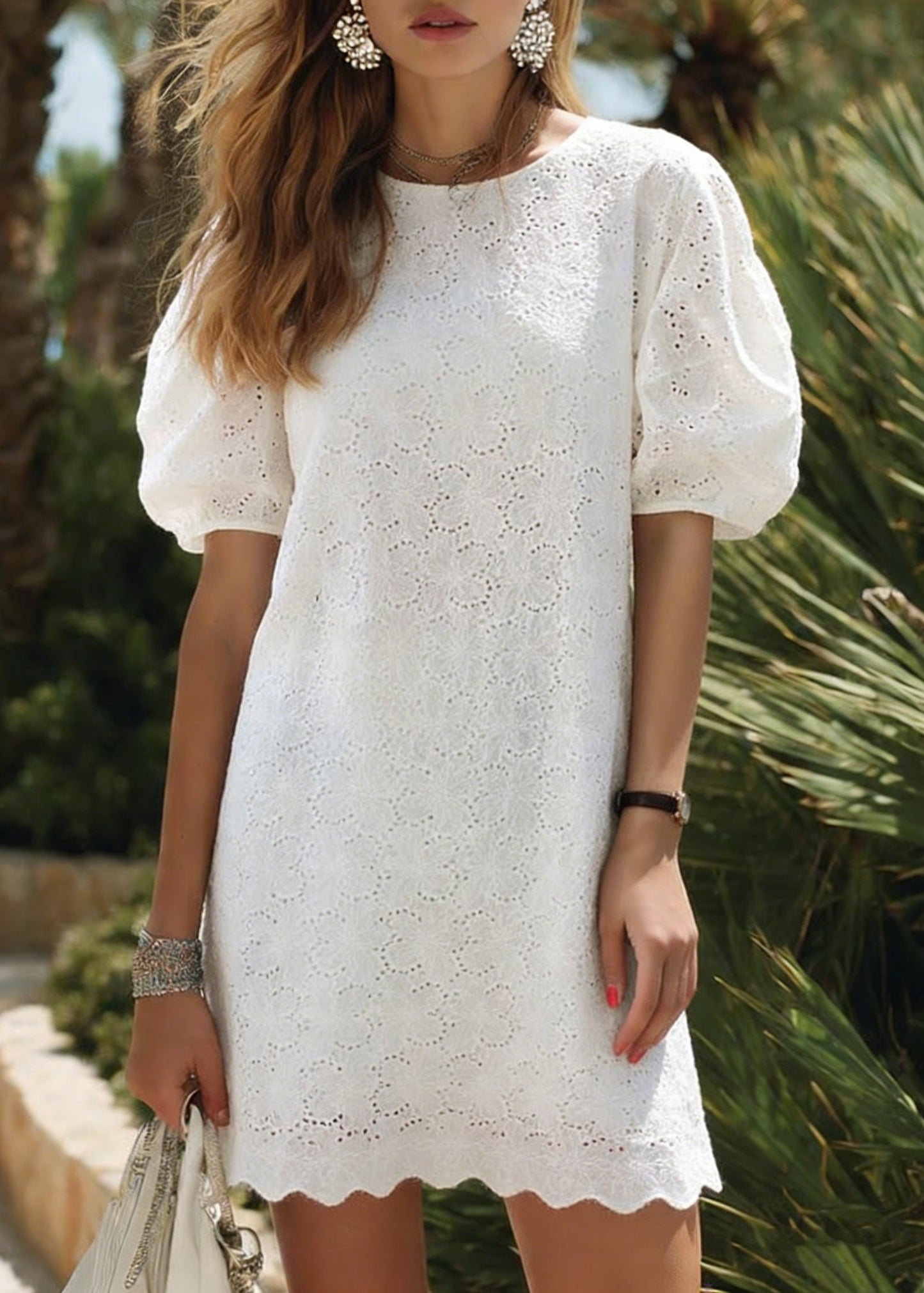 Elegant White O Neck Hollow Out Cotton Dress Puff Sleeve