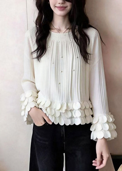 Elegant White O-Neck Nail Bead Patchwork Top Fall