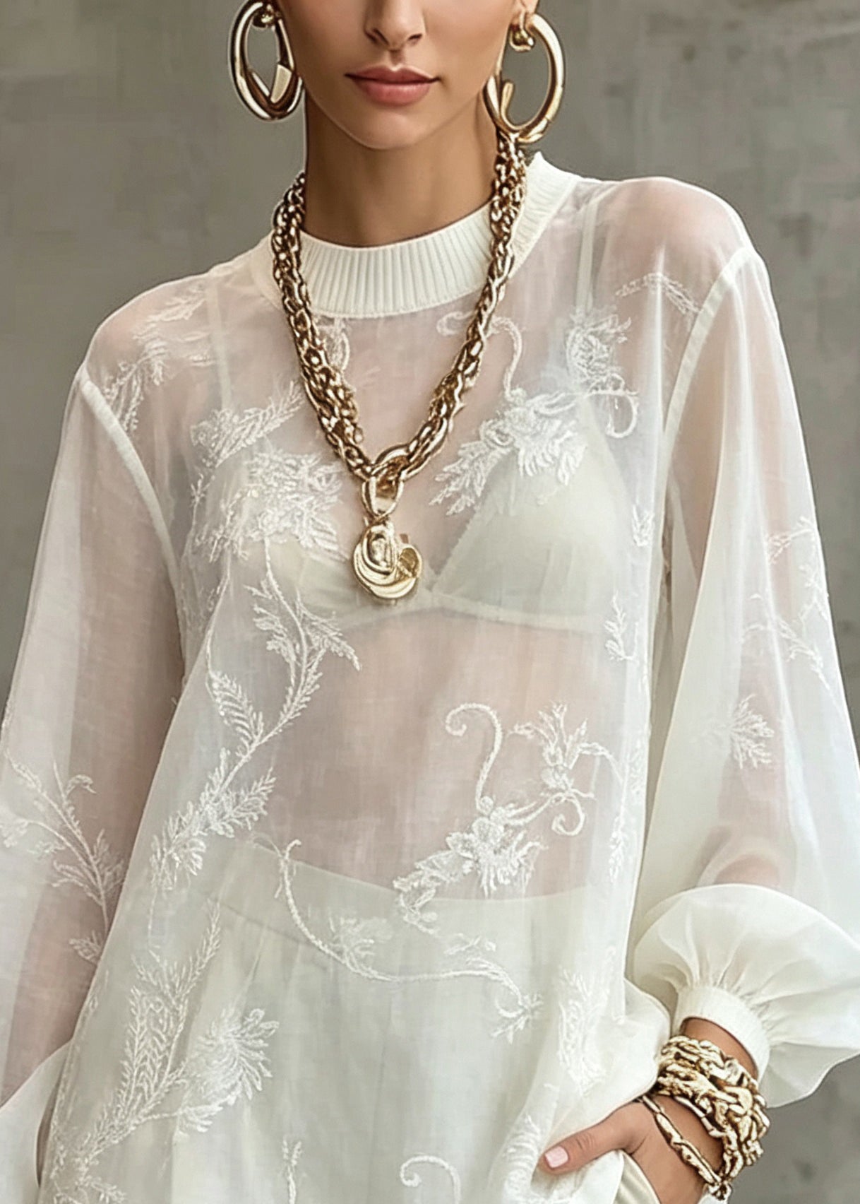 Elegant White O-Neck Patchwork Top Lantern Sleeve