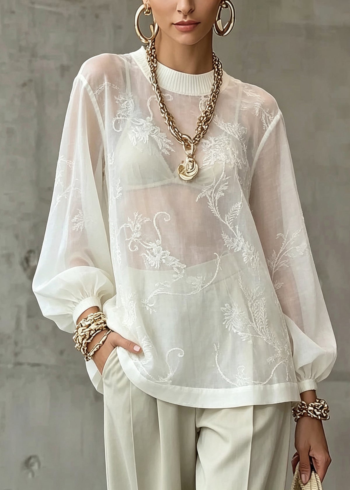Elegant White O-Neck Patchwork Top Lantern Sleeve