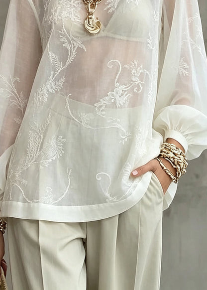 Elegant White O-Neck Patchwork Top Lantern Sleeve