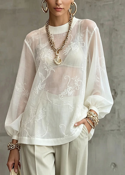 Elegant White O-Neck Patchwork Top Lantern Sleeve