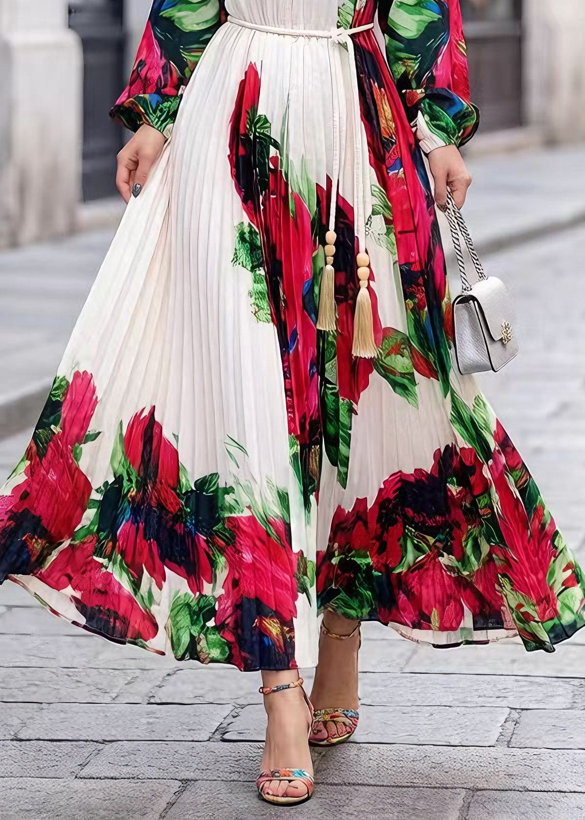 Elegant White O Neck Print Chiffon Maxi Dresses Spring