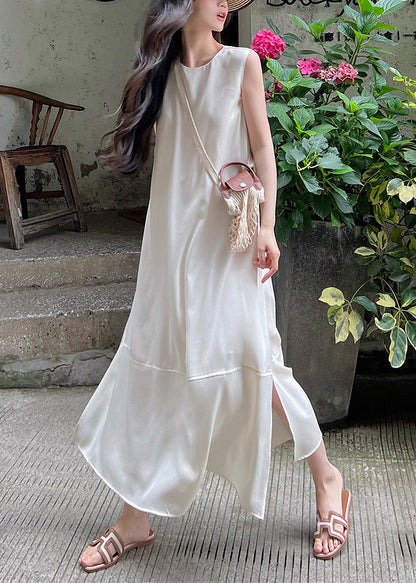 Elegant White O-Neck Side Open Silk Long Dress Sleeveless