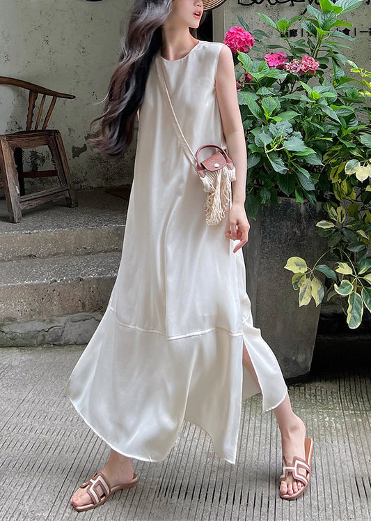 Elegant White O-Neck Side Open Silk Long Dress Sleeveless