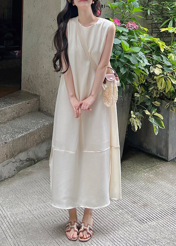 Elegant White O-Neck Side Open Silk Long Dress Sleeveless