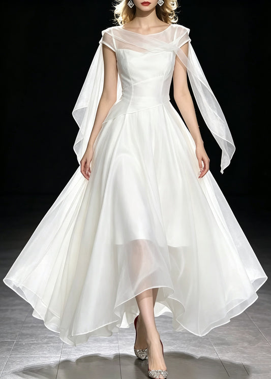 Elegant White O-Neck Solid Silk Maxi Dresses Short Sleeve