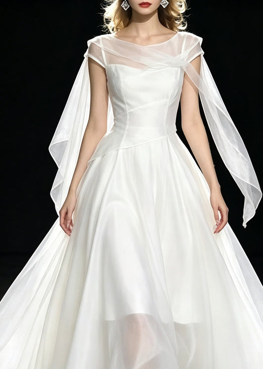 Elegant White O-Neck Solid Silk Maxi Dresses Short Sleeve